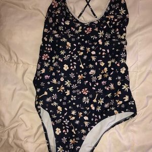 One piece navy swimsuit with flowers